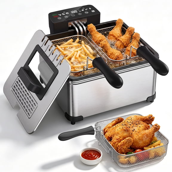 4.23QT Deep Fryer with Touch Screen,Stainless Steel Fryer with 3 Baskets for Home Use, 1700W, Deep Fryer with Oil Filtration, Temp Control, Digital Timer,6 Preset Menus