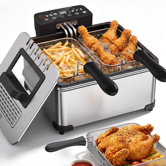 4.23QT Deep Fryer with Touch Screen,Stainless Steel Fryer with 3 Baskets for Home Use, 1700W, Deep Fryer with Oil Filtration, Temp Control, Digital Timer,6 Preset Menus