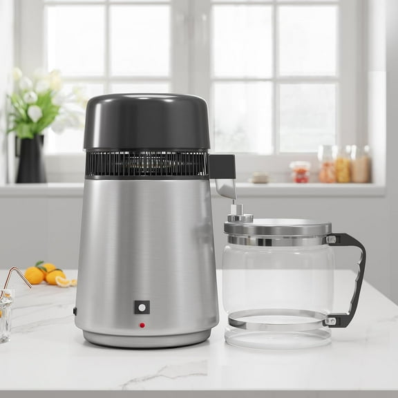 4L Stainless Steel Water Distiller - Countertop Distilled Water Purifier with Glass Container and 750W Heating System - Silver