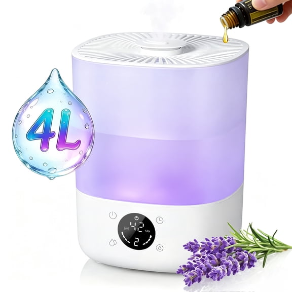 AIRFIRE 4L Cool Mist Humidifier with Auto Humidity Control and Timer for Large Room, Essential Oil Diffuser Air Humidifiers for Bedroom, Overnight Use, Quiet Run, Night Light, White