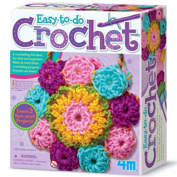 4M: Easy-To-Do Crochet - DIY Knitting Craft Kit, Learn 3 Yarn Work Projects, Create Coasters-Mini Bag-Placemat, All-In-1 Set, Beginners & Kids Ages 8+