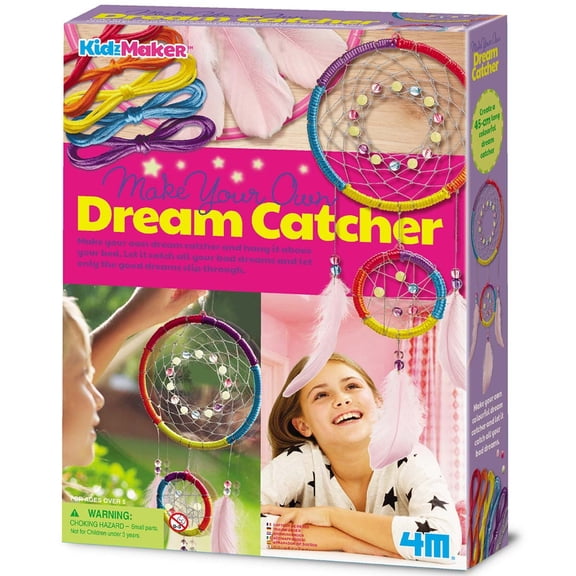 4M: KidzMaker - Make Your Own Dream Catcher - DIY Craft Kit, Create Hanging Room Decor, Color & Glow Beads, Feathers & String, Double Hoop, Kids 5+