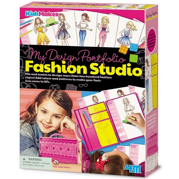 4M: KidzMaker: My Design Portfolio Fashion Studio - Design & Draw Outfits, Mix & Max Pattern Rubbing Plates, Travel Case, Arts & Craft Set, Kids 5+