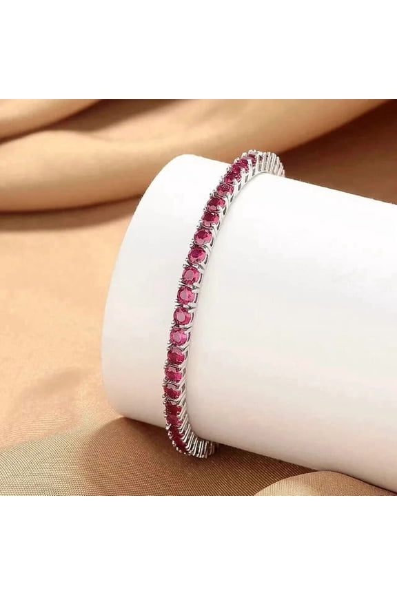4MM 10Ct Round Cut Simulated Pink Ruby Women's Weddings Gift Tennis Bracelet 14k White Gold Plated 7"inch