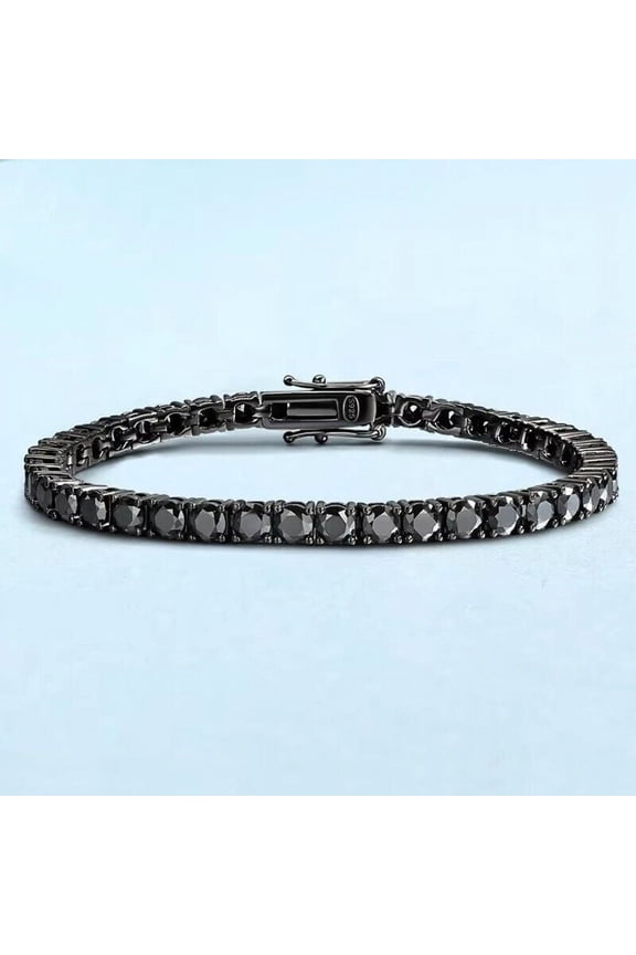 4MM 15Ct Round Cut Simulated Black Dimaond Men's Tennis Bracelet 14K Blck Gold Plated 8In