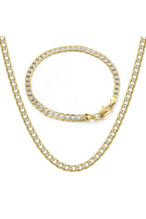 4MM Diamond-Cut Curb Cuban Necklace Bracelet Set Gold Filled WOMEN MEN 8"+ 20"