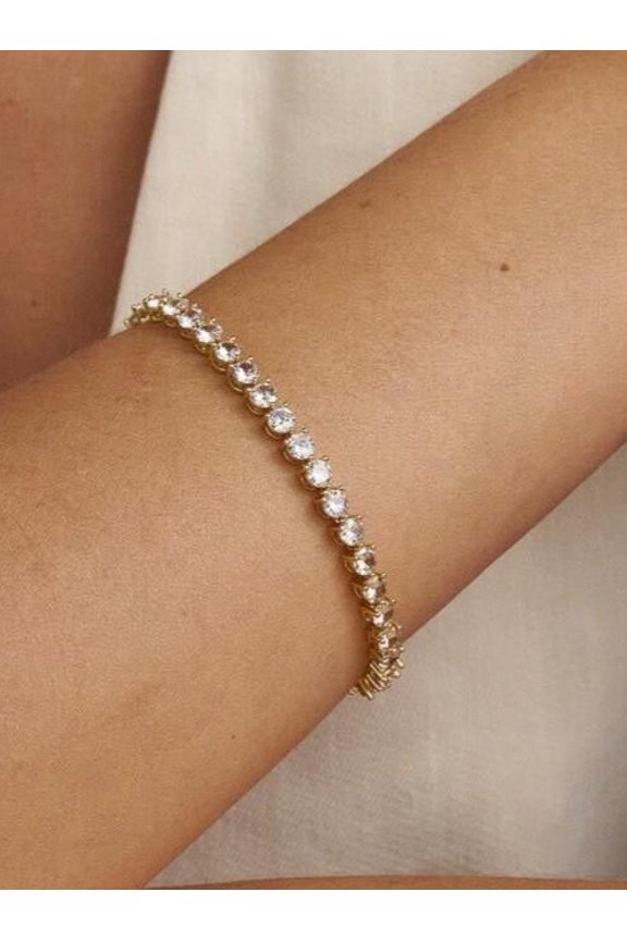 4MM Round Cut Women's Preety Bracelet Lab Created Diamond 14K White Gold Plated Silver 7 inch