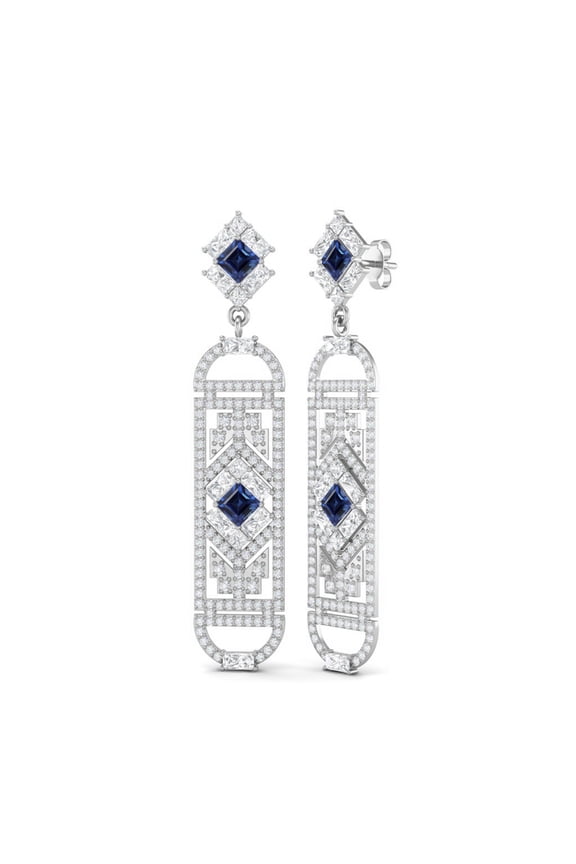 4MM Square Blue Sapphire Cylinderical Long Drop Dangle Earrings For Womens 925 Sterling Silver