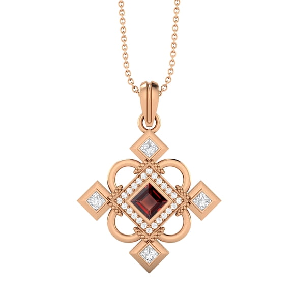 4MM Square Garnet 925 Silver Rose Vermeil Charming Valentines Day Gifts Pendant Necklace