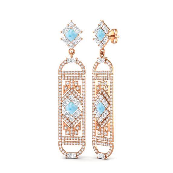 4MM Square Larimar Cylinderical Long Drop Dangle Earrings For Womens 925 Sterling Silver Rose Vermeil