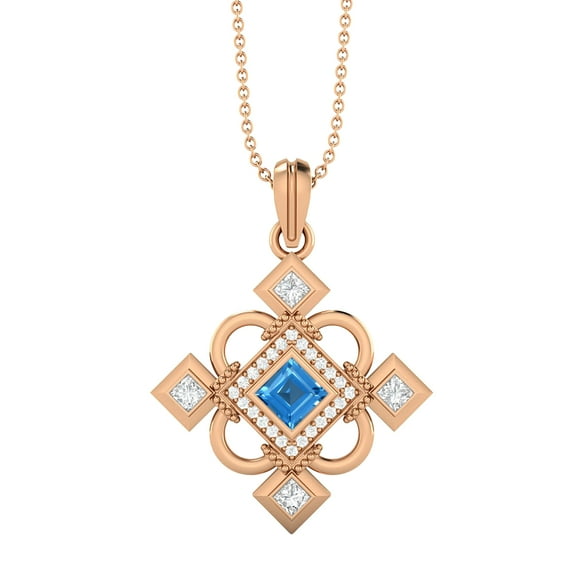 4MM Square Swiss Blue Topaz 925 Silver Rose Vermeil Charming Women Valentines Day Gifts Necklace