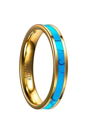 4MM Thick Gold Inlaid Turquoise Tungsten Steel Ring Size 5-14