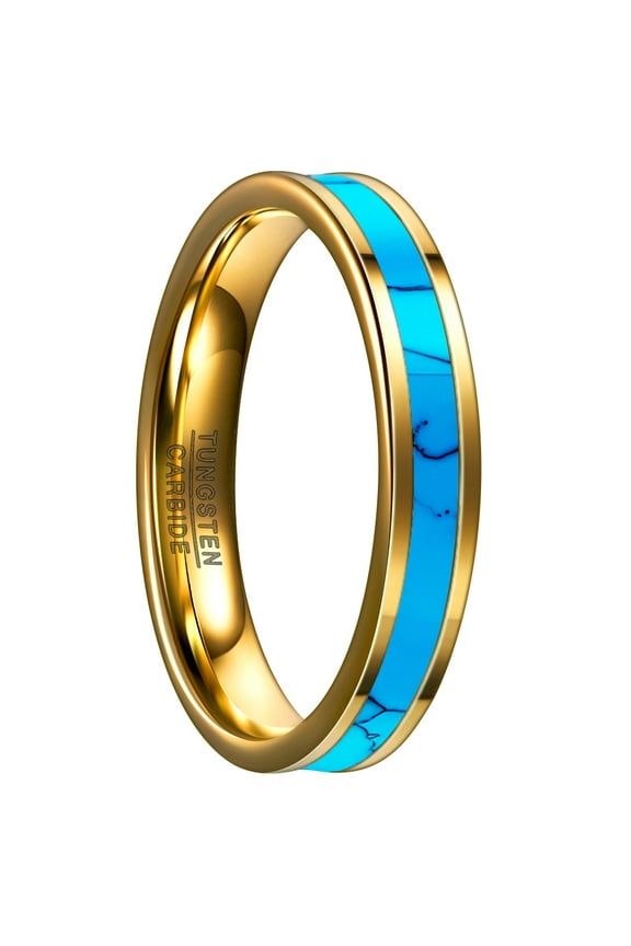 4MM Thick Gold Inlaid Turquoise Tungsten Steel Ring Size 5-14