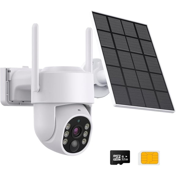 4MP 4G LTE Cellular Cameras Outdoor, Solar Cameras for 32GB SD Card & SIM Card, Night Vision, PT 360 Camera, 2-Way Audio, Motion Detect, No WiFi & Wire (White)