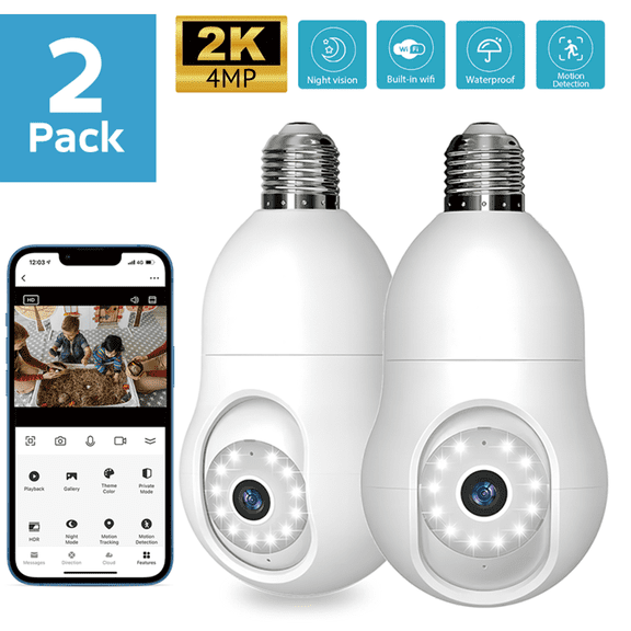 4MP Light Bulb Security Camera 2.4GHz WiFi,360° 2K Security Cameras Wireless Outdoor Indoor Full Color Day and Night, Motion Detection, Audible Alarm, Compatible with Alexa (2 Pack)