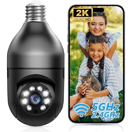 Jqimn Light Bulb Security Camera, 2.4G&5GHz 2K Security Cameras Wireless Outdoor Indoor, Full Color Day and Night, Motion Detection, Audible Alarm, Easy Installation, Compatible with Alexa