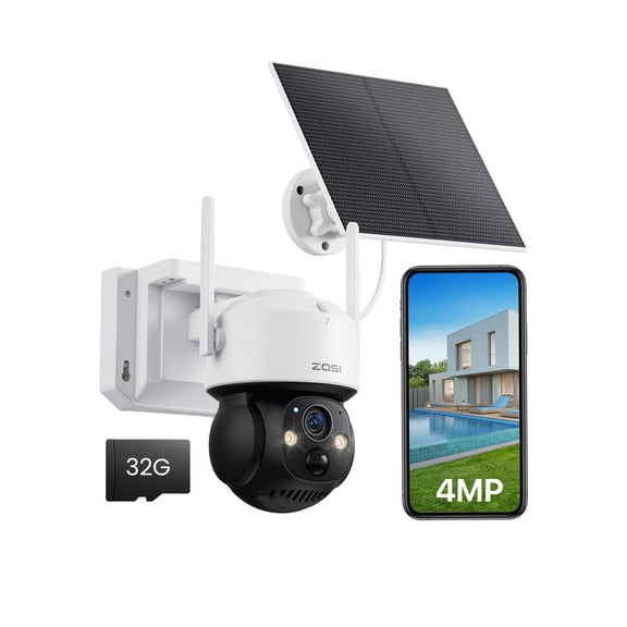 4MP Solar Security Camera with 32GB Card, ZOSI 2.5K 360 View Wireless Outdoor Camera,PIR Detection, Rechargeable Battery Powered Home Surveillance Camera, 2-Way Audio, Color Night Vision, Waterproof