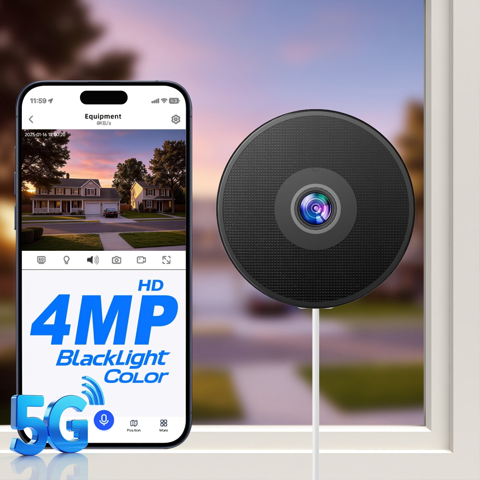 4MP Wireless Window Pet Camera, Indoor Security Cam with Color Night Vision, 2.4G/5G WiFi, 2-Way Audio, Motion Tracking, for Window Wall Tank, Pet Baby Elder Monitor