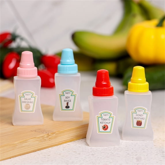 4Mini Condiment Bottles, 0.9 Oz Refillable Condiment Squeeze Bottles, Portable Sauce Containers With Distinguishing Labels, For Holding Oils, Seasonings, Sauces, Office Lunch Boxes, 2.9 Inches.