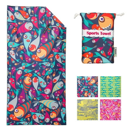 4Monster Microfiber Beach Towel, Quick Dry Lightweight Towel, Large, Colorfulfish, L