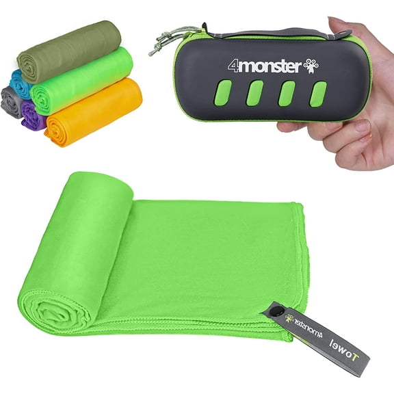 4Monster Microfiber Towel with Carry Case, Quick Dry Towel, Green, L