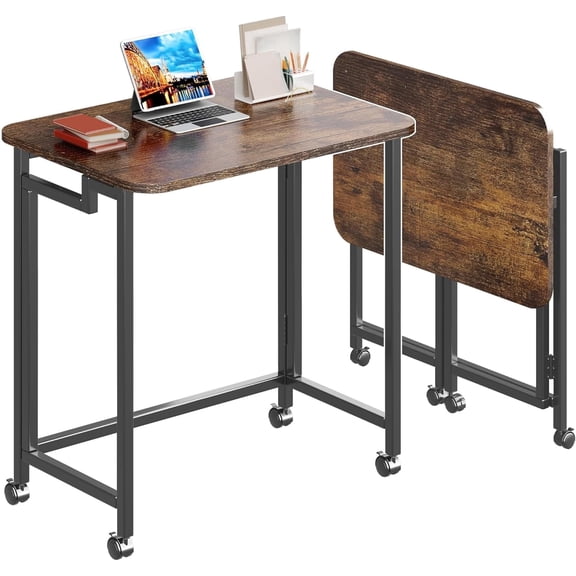 4NM 27.5" Mobile Small Rolling Computer Desk, Folding Laptop Cart Table with Wheels, Portable Office Desk for Small Space Couch Bed - Rustic Brown and Black