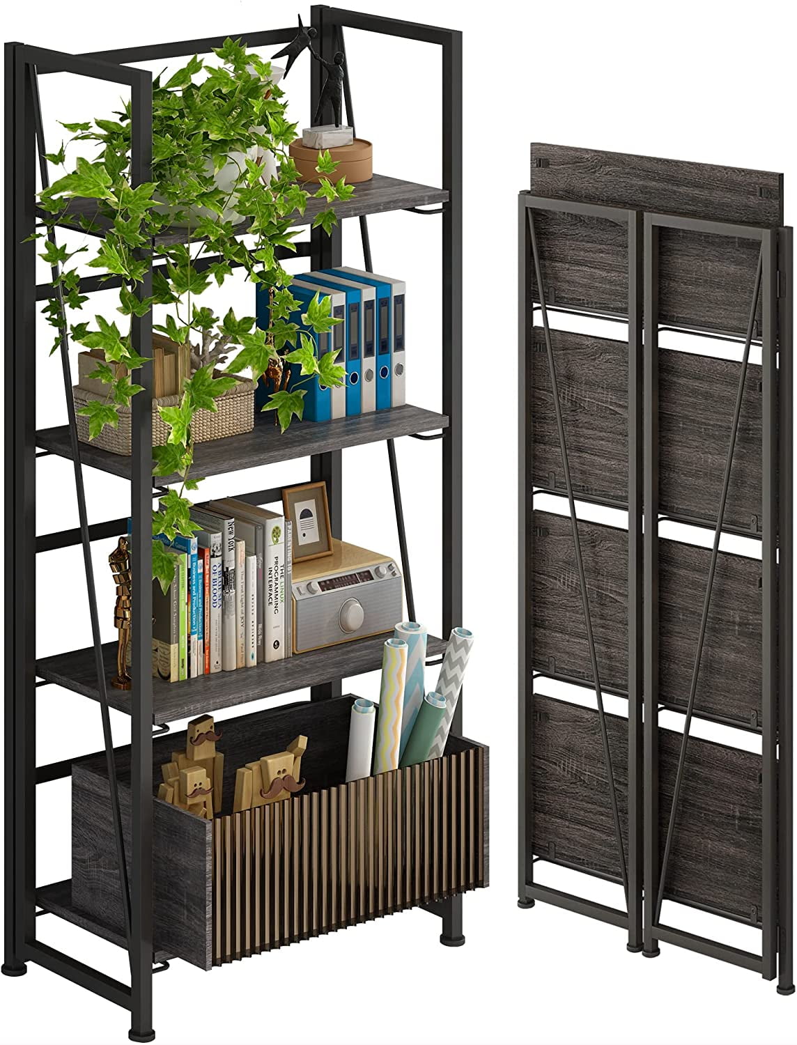 4NM NoAssembly Folding Bookshelf Storage Shelves 4 Tiers Vintage