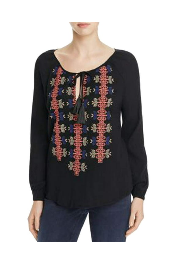 Black Boho Crinkled Peasant Top Blouse Black Multi XL