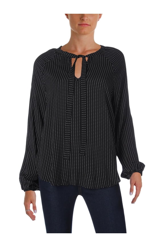 Womens Printed Lace Up Blouse Black-Ivory S