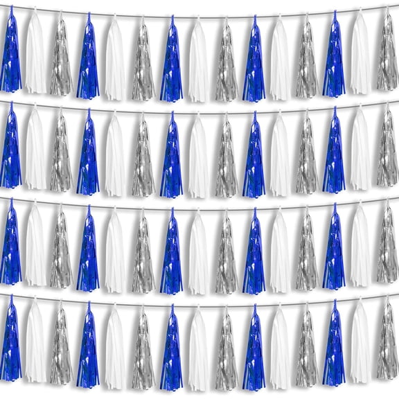 4P Navy-Blue White-Silver Foil Fringe Metallic Tassel Garland Banner, Tassels Banner Streamers for Parade Floats, Bachelorette, Wedding, Birthday, Halloween, Bridal/Baby Shower Party Decorations