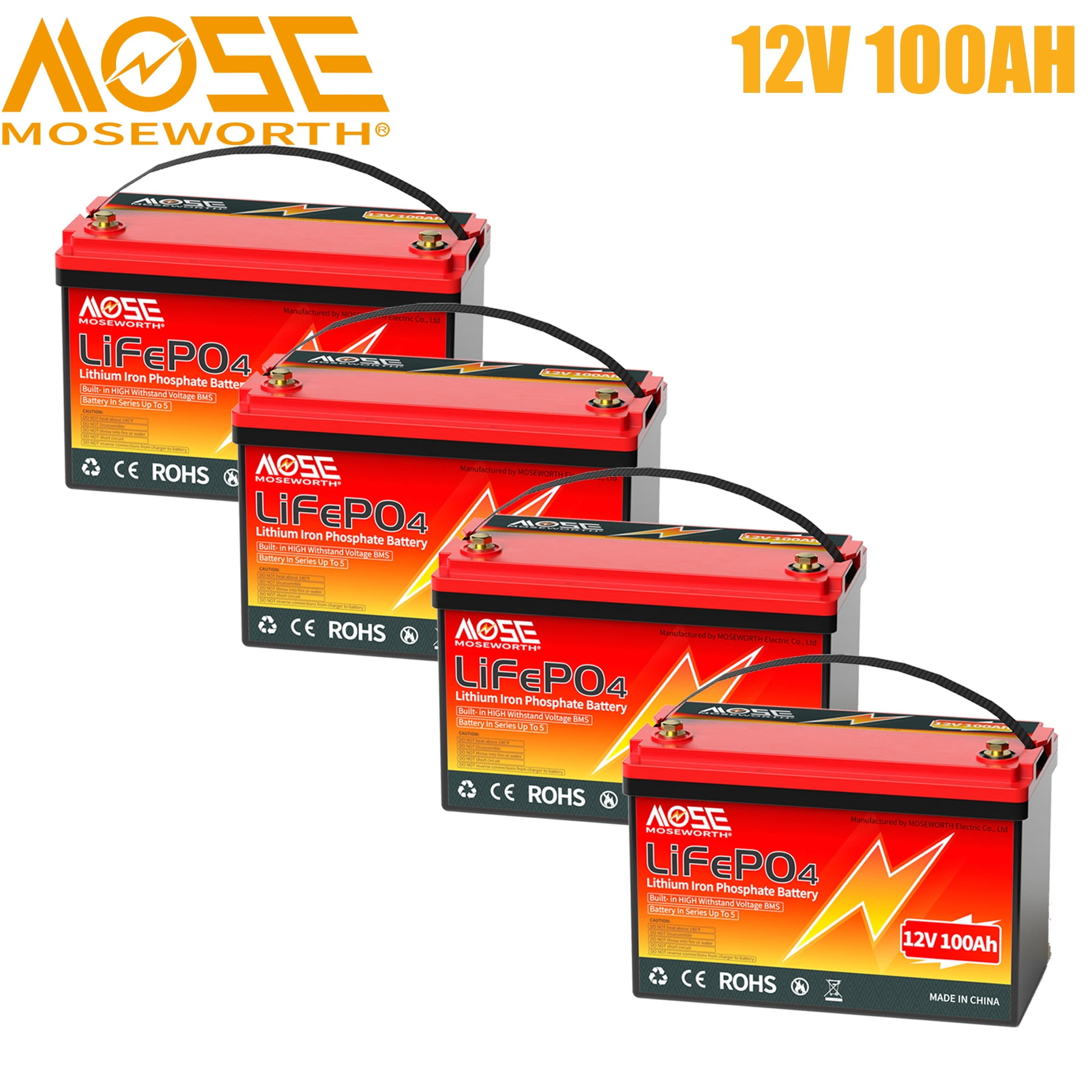 4PACK 12V 100AH LiFePO4 Lithium Battery 100A BMS,MOSEWORTH for RV,Backup Power,Solar,Marine,15000 Deep Cycles,10 Years Lifetime