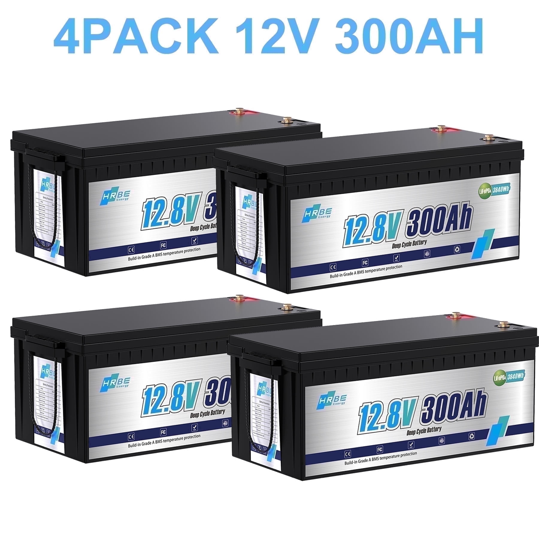 4PACK 12V 300Ah LiFePO4 Lithium Battery,for RV,Marine,Solar,Home Energy Storage,Golf Carts,Van,Camping,Built in 200A BMS,for 48V 300AH,15000+Deep Cycles Battery