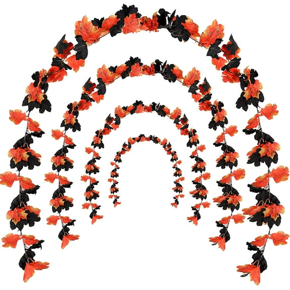 4PACK 24Ft Fall Maple Leaf Garland Black&Orange Hanging Fall Leaves Vine Artificial Autumn Garland for Halloween Thanksgiving Home Wedding Fireplace Party Decor