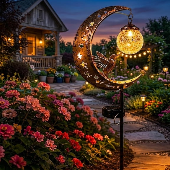 4PACK Hummingbird Moon Solar Garden Stake Light, Hummingbird Solar Lights, Waterproof Half Moon Led Pathway Decor, Crackle Hanging Glass Globe Ball Metal Crescent For Outside Yard Patio (1pack)