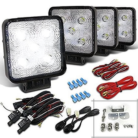 4PC 4.5" Off Road 5-LED Square Flood Beam Bumper Work Fog Lights Kit+Wiring
