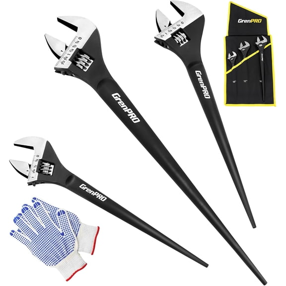 4PC Adjustable Spud Wrench Set Large Plumbing Pipe Fitting Tool | 10" 12" 16" CR-V Pipe Wrenches With Work Gloves, SAE/Metric, Plumber Tools For Crowbar, Pipe Fitting&Fitter Construction Work
