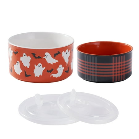 Way to Celebrate 4-Piece Glazed Stoneware Bake & Store Containers Set, Flying Ghost and Bats, Orange and Black