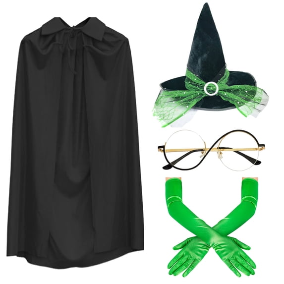 4PC Bad Witch Costume Accessories for Halloween Movie Cosplay Hat Green Gloves Cape Glasses