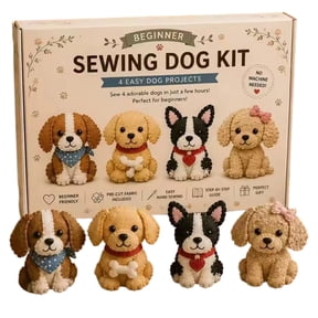 4PC Beginner Sewing Dog Kit DIY Craft Set with Pre Cut Felt Accessories and Instructions for Handmade 3D Mini Gnome Projects, DIY Patchwork Animal KIT