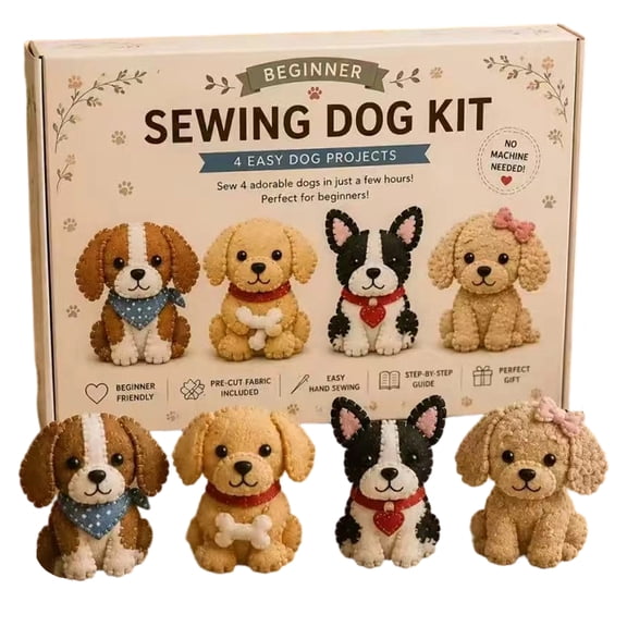 4PC Beginner Sewing Dog Kit DIY Craft Set with Pre Cut Felt Accessories and Instructions for Handmade 3D Mini Gnome Projects, DIY Patchwork Animal KIT