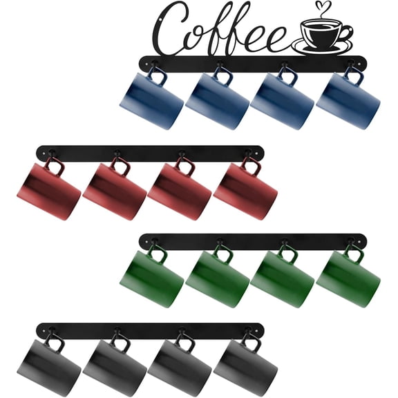 4PC Black Metal Coffee Cup Holder Wall Mounted Metal Coffee Cup Rack Hanger with 16 Hooks and Coffee Sign, Coffee Mug Wall Rack for Coffee Bar, Kitchen Utensils Display