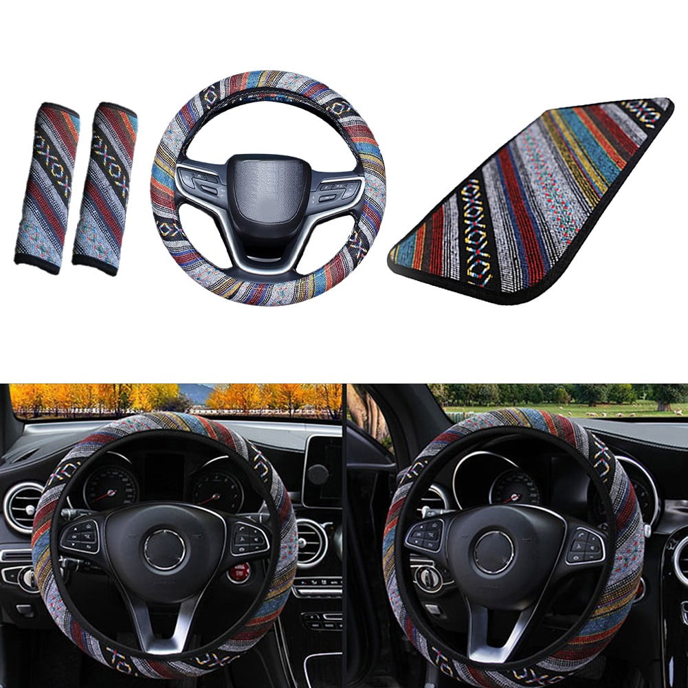 4Pc Bohemian Car Set 15 Inch Steering Wheel Handrail Cushion And ...