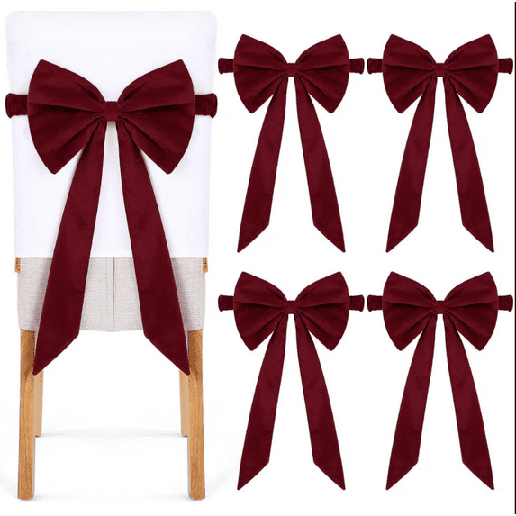 4PC Burgundy Chair Sashes Christmas Red Chair Bows for Chairs 11.” x 29“ Elastic Burgundy Velvet Sashes Chairs Bows for Christmas Banquet Home Wedding Events Holiday Event Decor Banquets Party