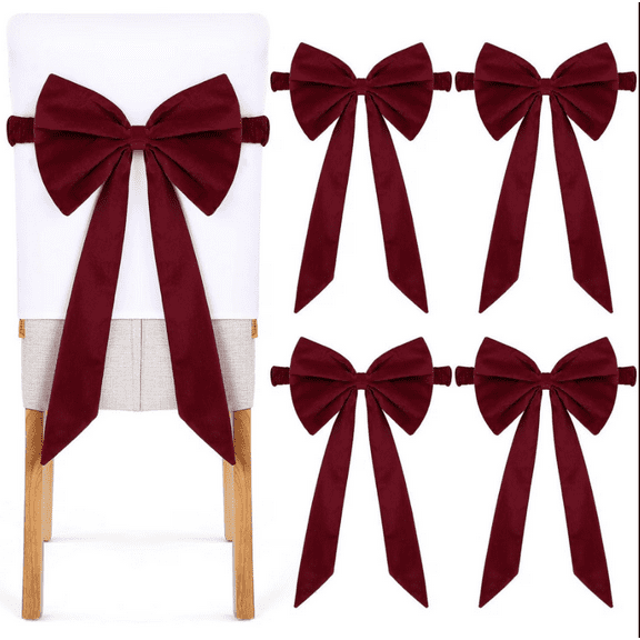 4PC Christmas Burgundy Velvet Chair Sashes Bows for Wedding Reception- Universal Chair Cover Back Tie Supplies for Banquet, Party, Hotel Holiday Event Decorations