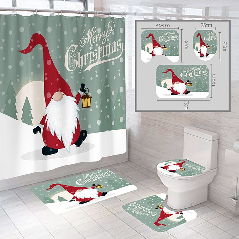 4PC Christmas Gnome Bathroom Sets with Shower Curtain and Rugs, Winter ...