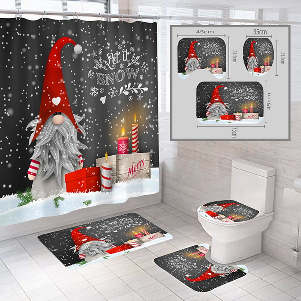 4PC Christmas Gnome Bathroom Sets with Shower Curtain and Rugs, Winter