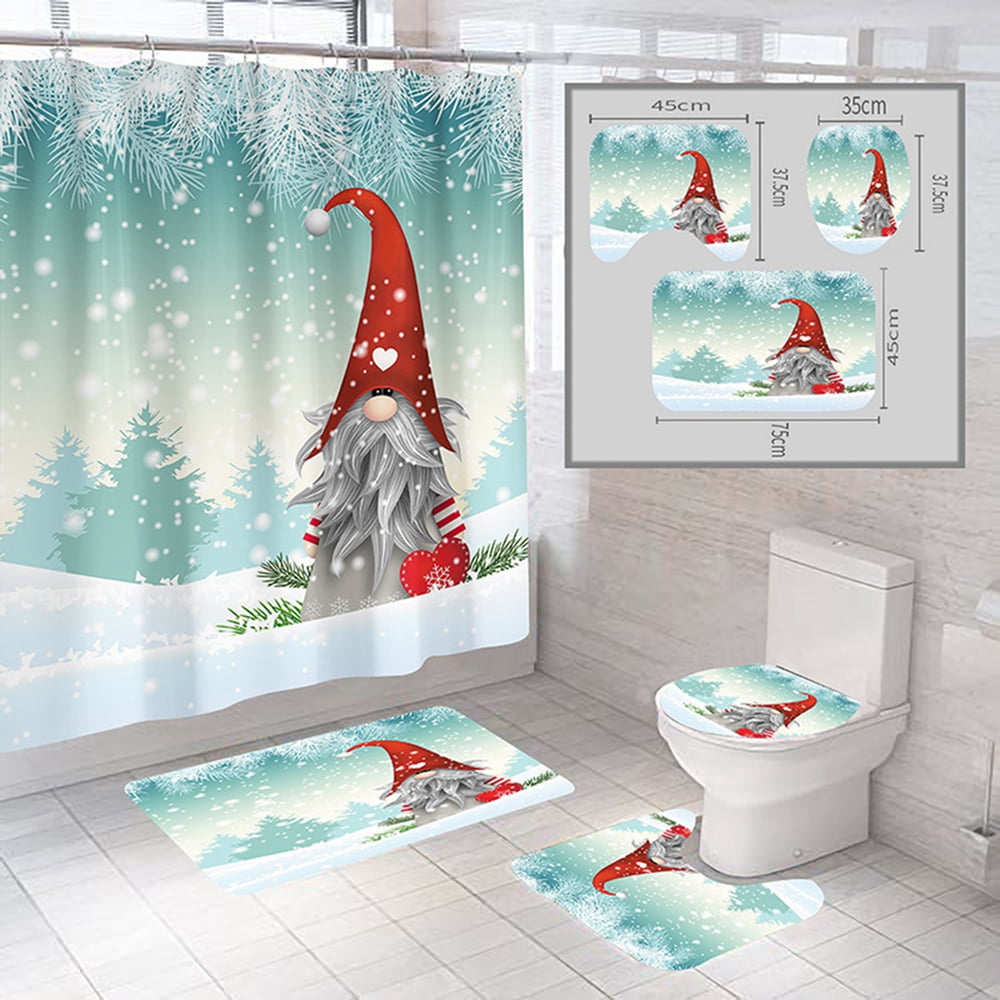 4PC Christmas Gnome Bathroom Sets with Shower Curtain and Rugs, Winter ...