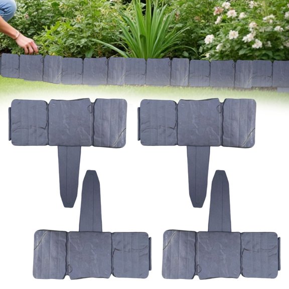 4PC Cobbled Effect Imitation Stone Edging, Imitation Stone Garden Fence, Plastic Garden Border Fence, Landscape Yard Edge Partition Panel, Flower Bed Decorative Enclosure, Stake-In Fence,Black