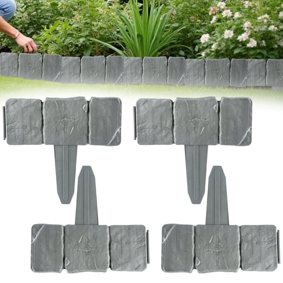 4PC Cobbled Effect Imitation Stone Edging, Imitation Stone Garden Fence, Plastic Garden Border Fence, Landscape Yard Edge Partition Panel, Flower Bed Decorative Enclosure, Stake-In Fence,Gray