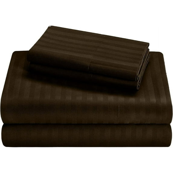 4PC Cot Sheet Sets-1 Flat Sheet, 1 Fitted Sheet 8" Deep Pocket & 2 Pillowcover, 100% Egyptian Cotton, 600TC, Perfect for Camp Bunk, Guest Beds-Chocolate Stripe, RV Full-XL Size